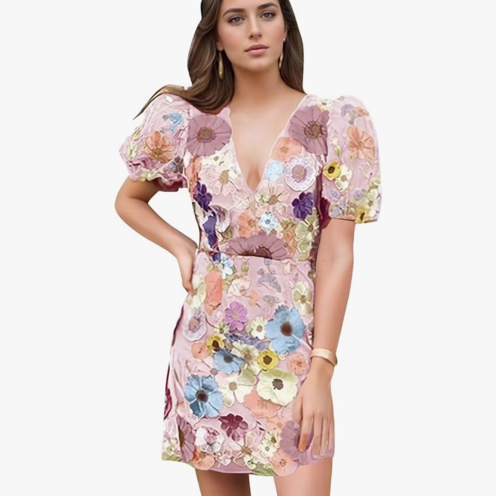 Floral Embroidered Pink Puff-Sleeve Mini Dress